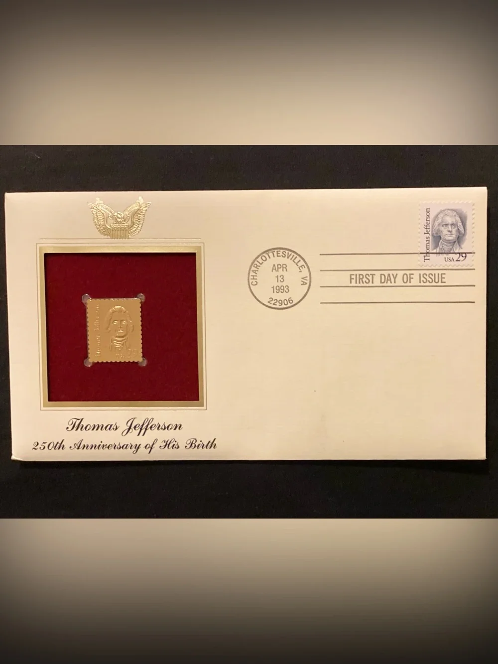Commemorative Thomas Jefferson Gold Tone Stamp Plaque in Red